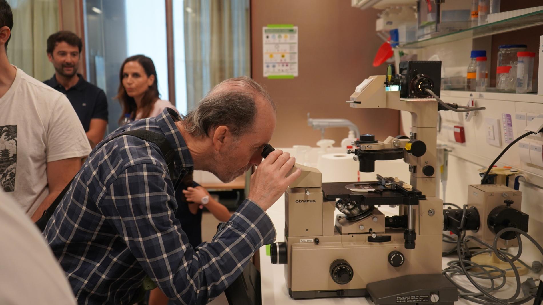 Visitant mirant pel microscopi en un laboratori